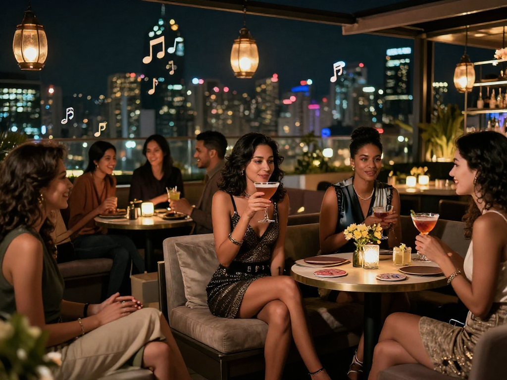 Gái gọi tại quán bar rooftop sang trọng, không khí sống động và quyến rũ.