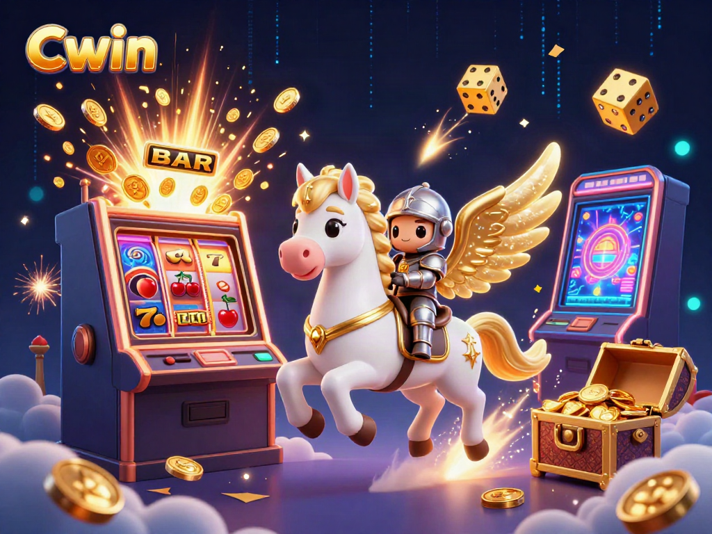 Cwin logo illustration featuring a celestial horse and jackpot-themed slot machine surrounded by casino game elements.