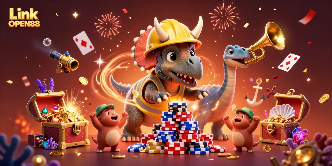 Experience the thrill of winning with Link OPEN88 as the triceratops builds poker chips amidst casino celebration!