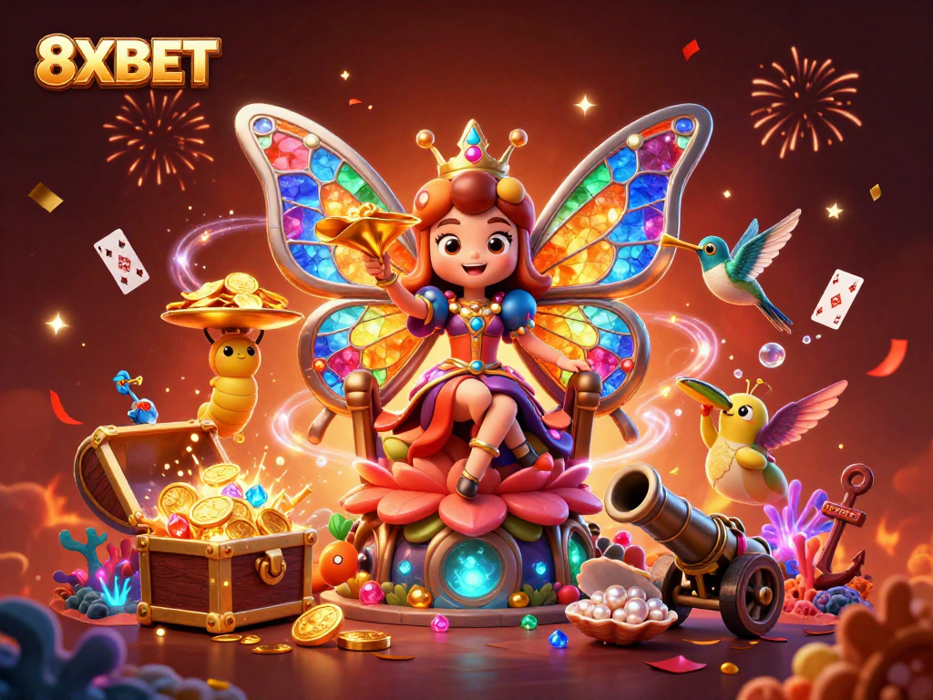 Engage with the vibrant 8XBET casino scene, featuring a butterfly queen amidst golden treasures.