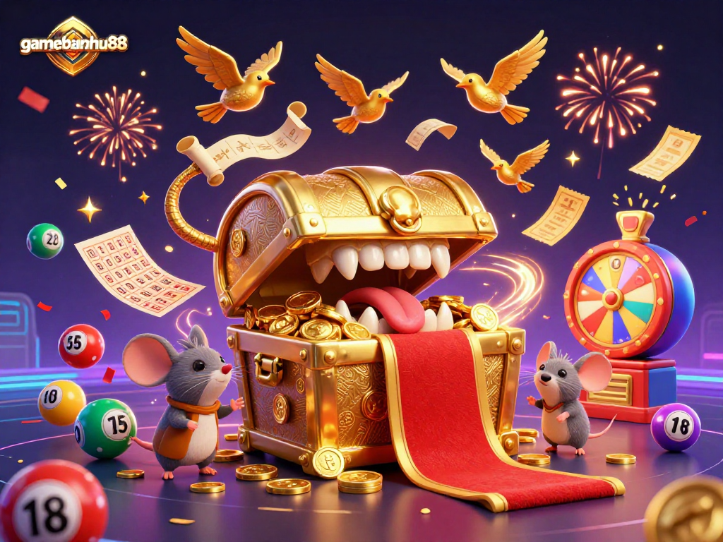 Join the excitement of gamebainohu88 with adventurous mice and a treasure chest surrounded by vibrant lottery elements.