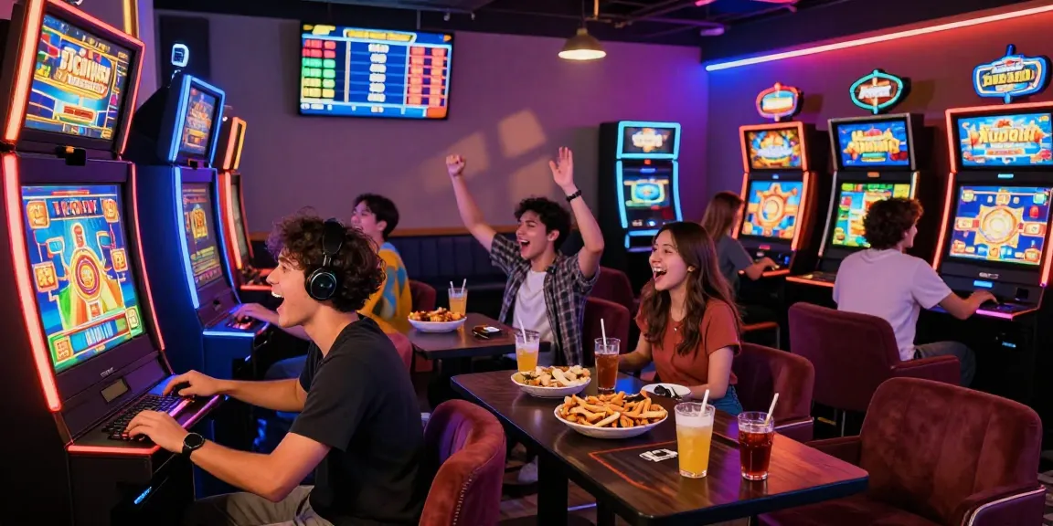 Excited gamers celebrating wins at link situs888 slot machines in vibrant lounge.