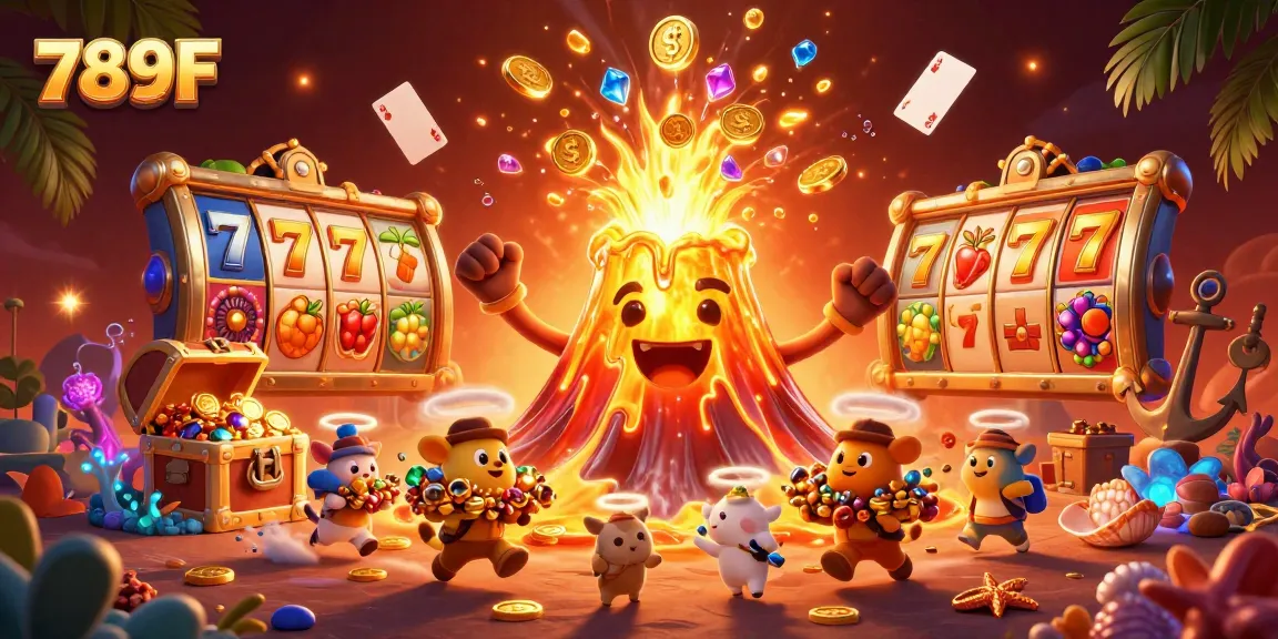 Experience thrilling action with 789F, featuring a triumphant volcano and treasure-filled scene.
