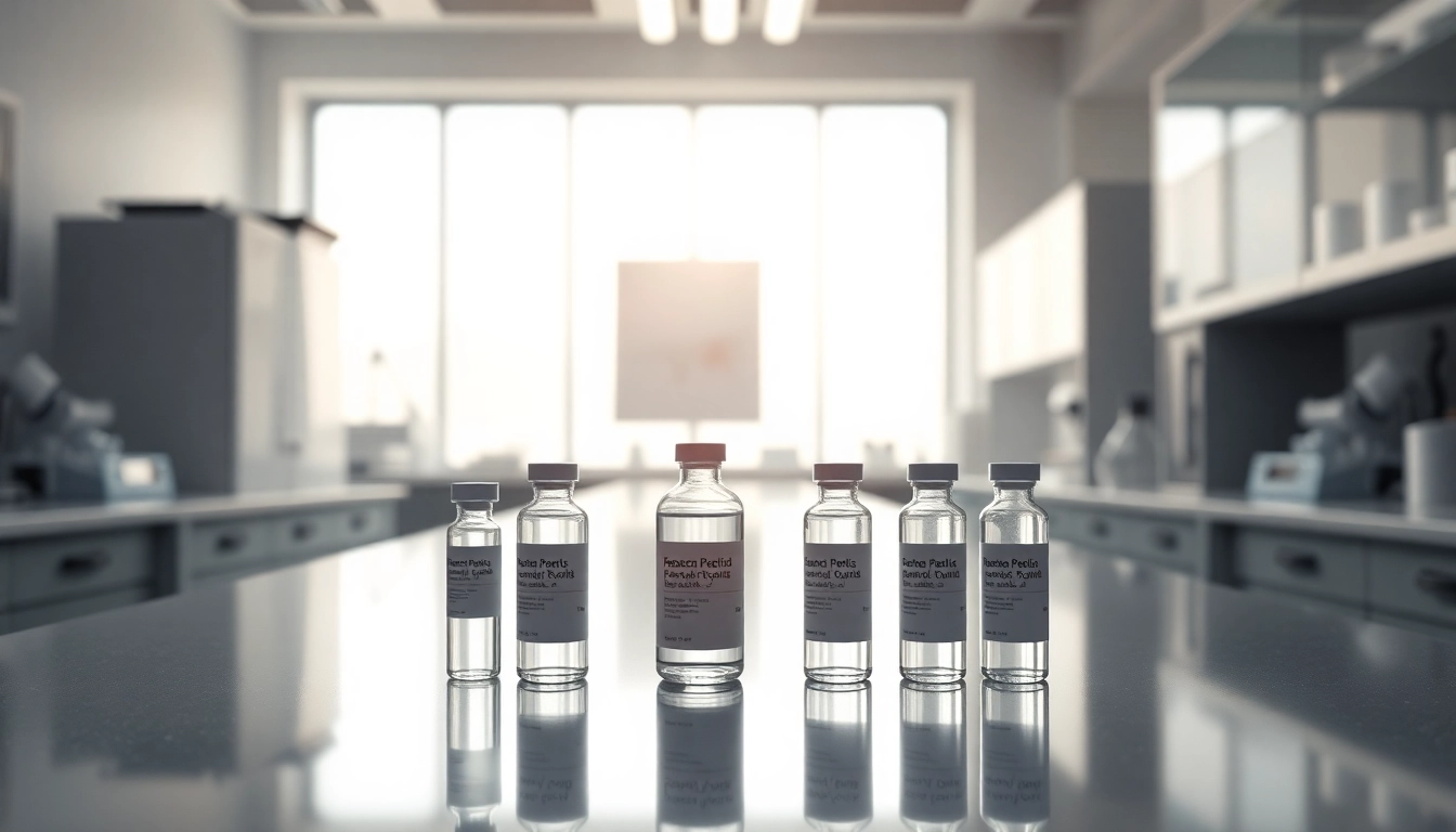 Research peptides for sale displayed prominently in elegant vials on a laboratory countertop.