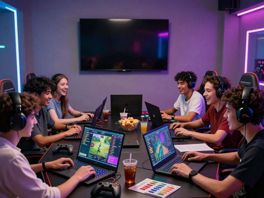 Situs gacor gaming scene with friends playing competitively, vibrant gaming interfaces, snacks, and LED lights.