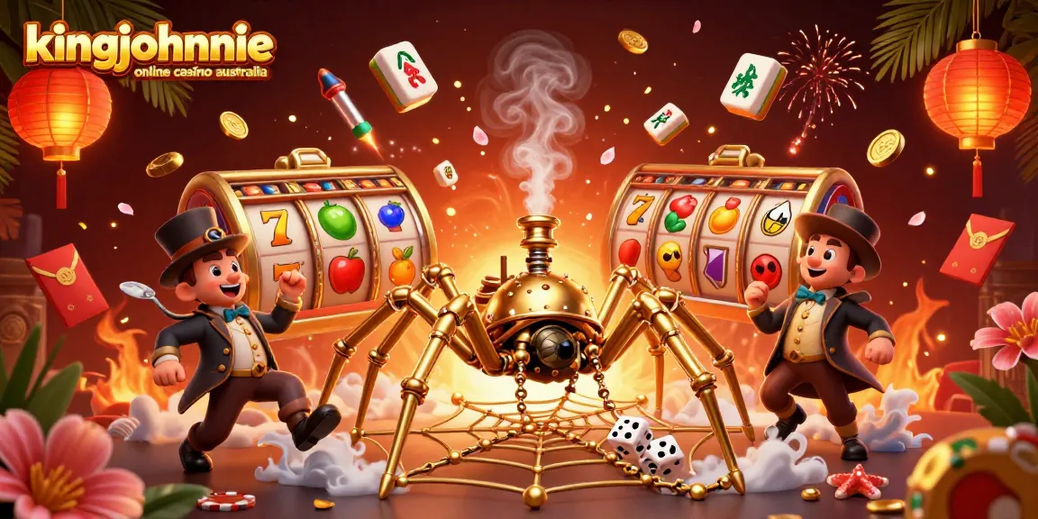 Experience thrilling action at kingjohnnie online casino australia with golden chains, poker chips, and spinning slot reels.