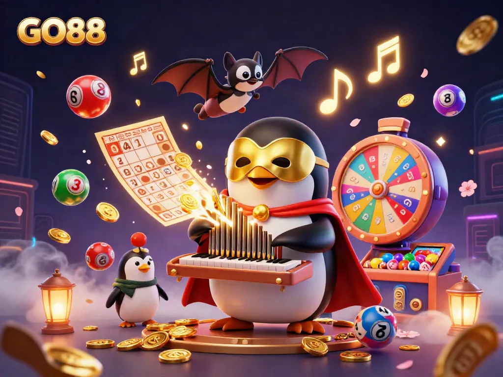Experience excitement with GO88 as a penguin organist shoots golden coins and lottery balls fill the air.
