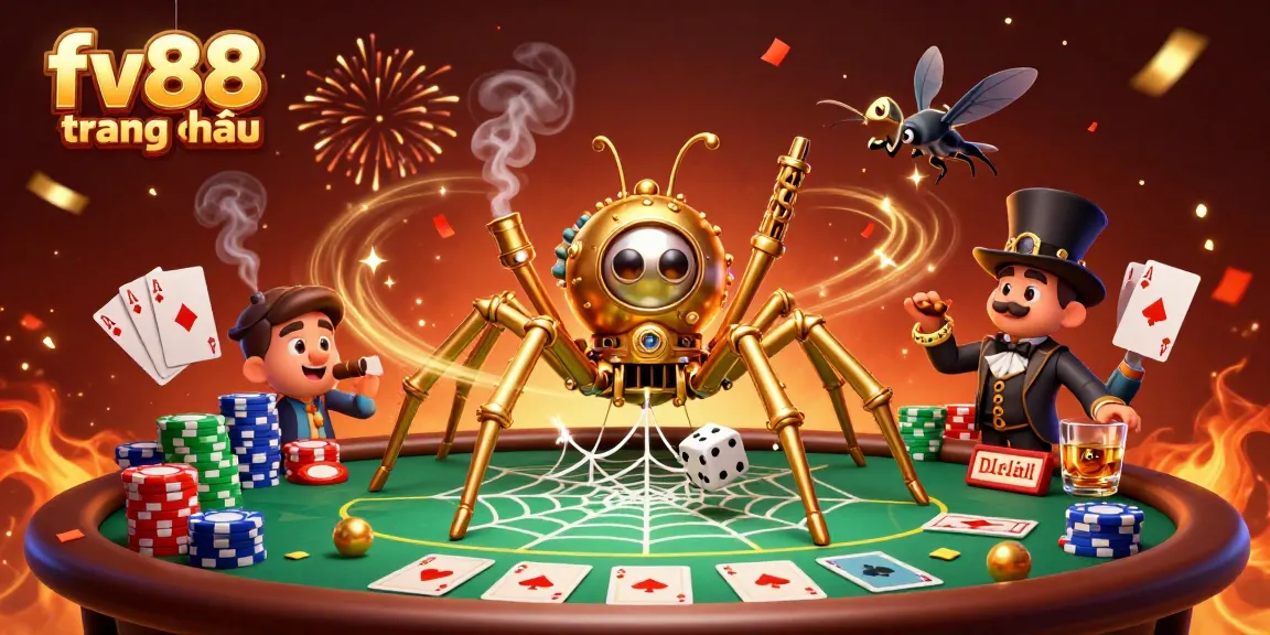 Experience thrilling play at fv88 trang chủ with a whimsical, steampunk-themed 3D illustration of a spider and fly amid casino elements.