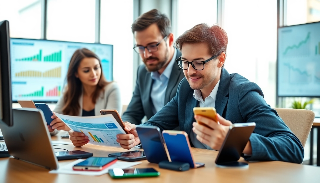 Compare business SIM only deals UK in a modern office with professionals discussing options.