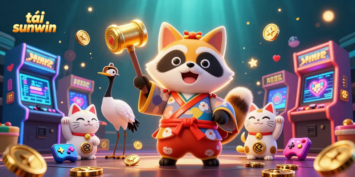 Engage with tải sunwin through a vibrant 3D casino illustration featuring a cheerful tanuki and colorful gaming elements.