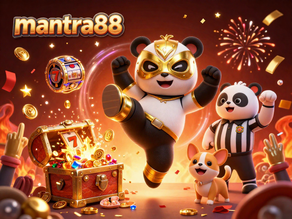 mantra88 brings excitement as a panda wrestler leaps into action, surrounded by vibrant casino elements.