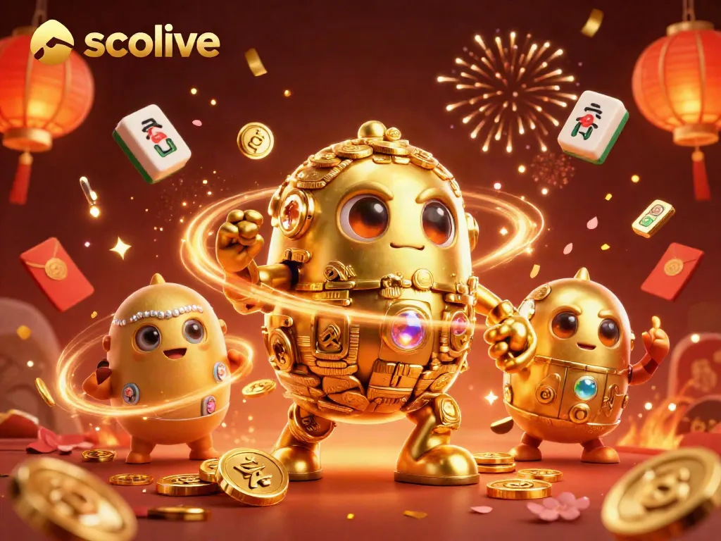 Socolive illustrates a vibrant casino scene with a golden golem and festive elements celebrating wins in gambling.