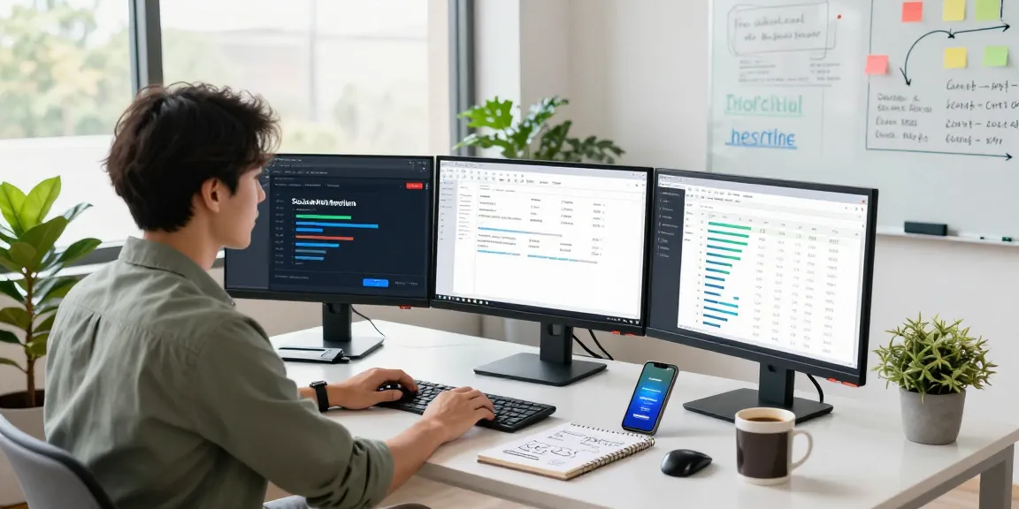 Dynamic digital marketing workspace showcasing analytics at https://www.www456bd.com/ with monitors, notes, and coffee.