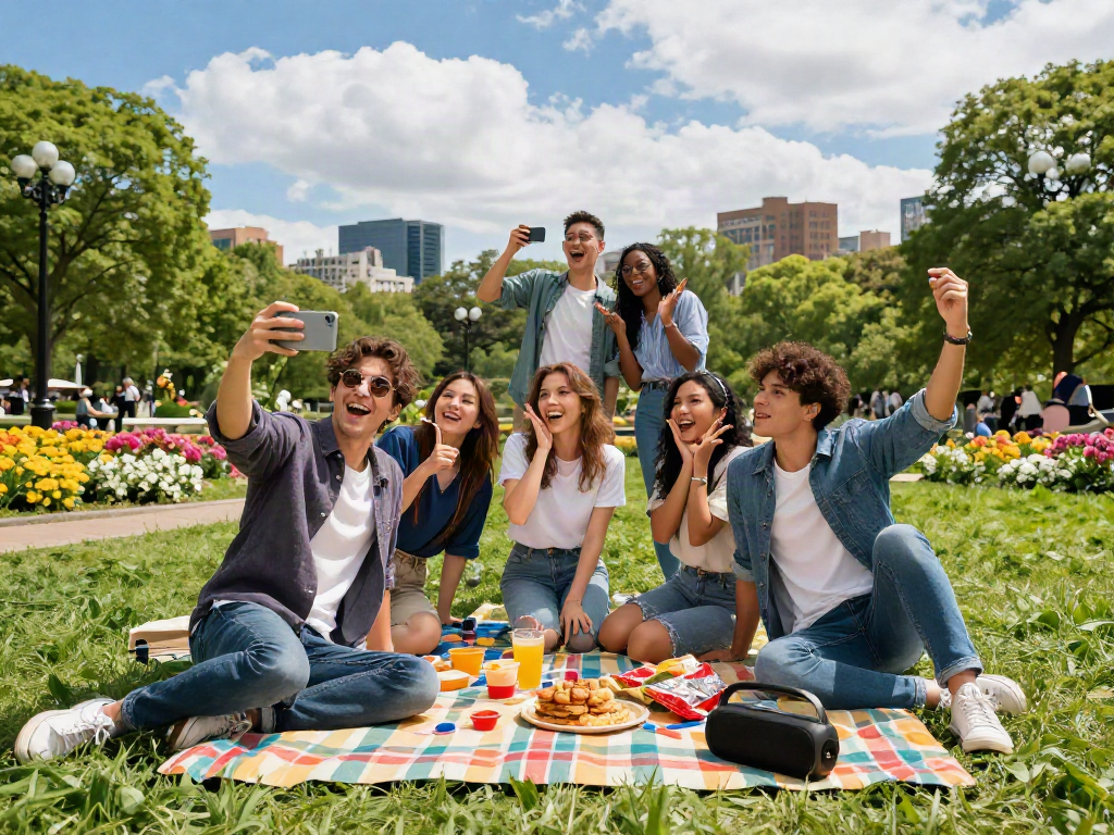 Group of friends enjoying an attractive test day at the park with vibrant picnic essentials.