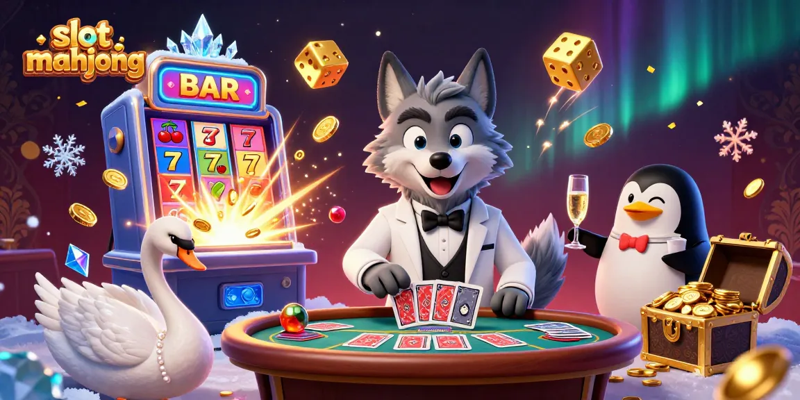 Experience slot mahjong excitement with a debonair wolf at a vibrant gaming scene.