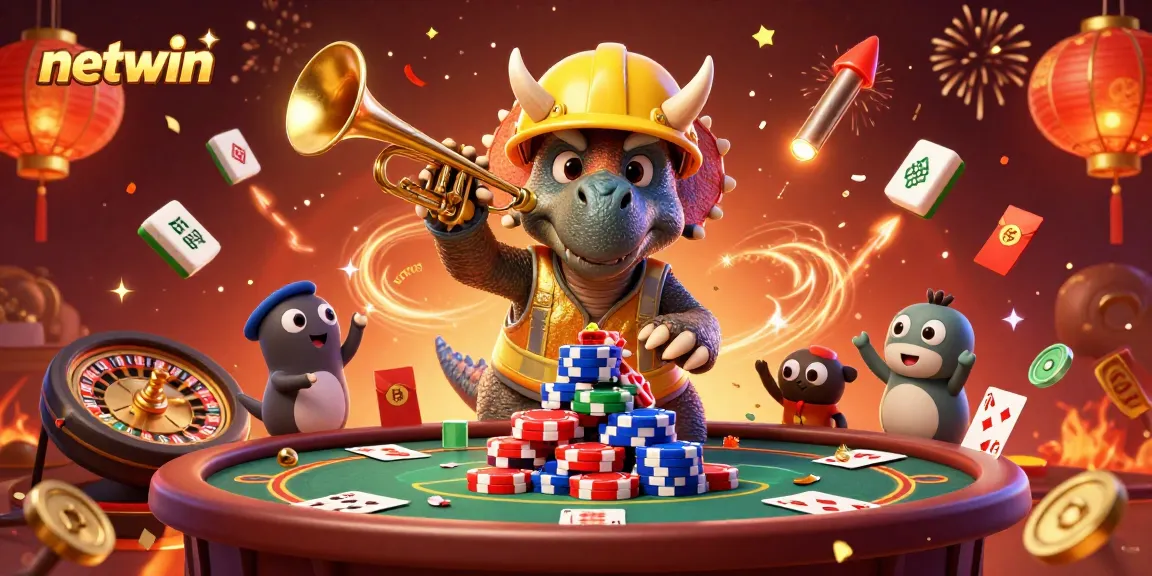 Join the excitement at Netwin with lively triceratops and celebratory elements in this vibrant casino scene.