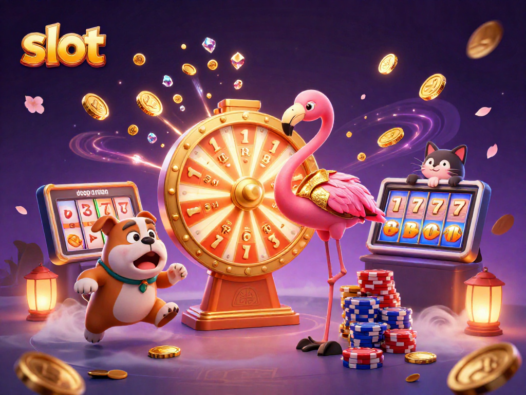Menghibur saat bermain slot dengan karakter bersemangat, gulungan slot dan koin berkilau.