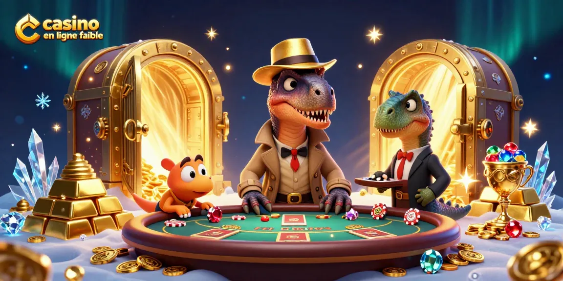 Illustration dynamique d'un casino en ligne fiable avec un vélociraptor comptant des cartes à une table de blackjack.