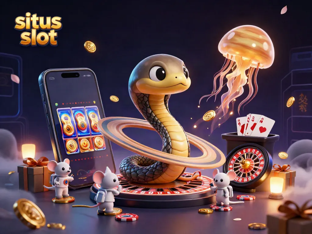 Bet on situs slot with a vibrant cosmic scene featuring Saturn and a golden jellyfish dealer.