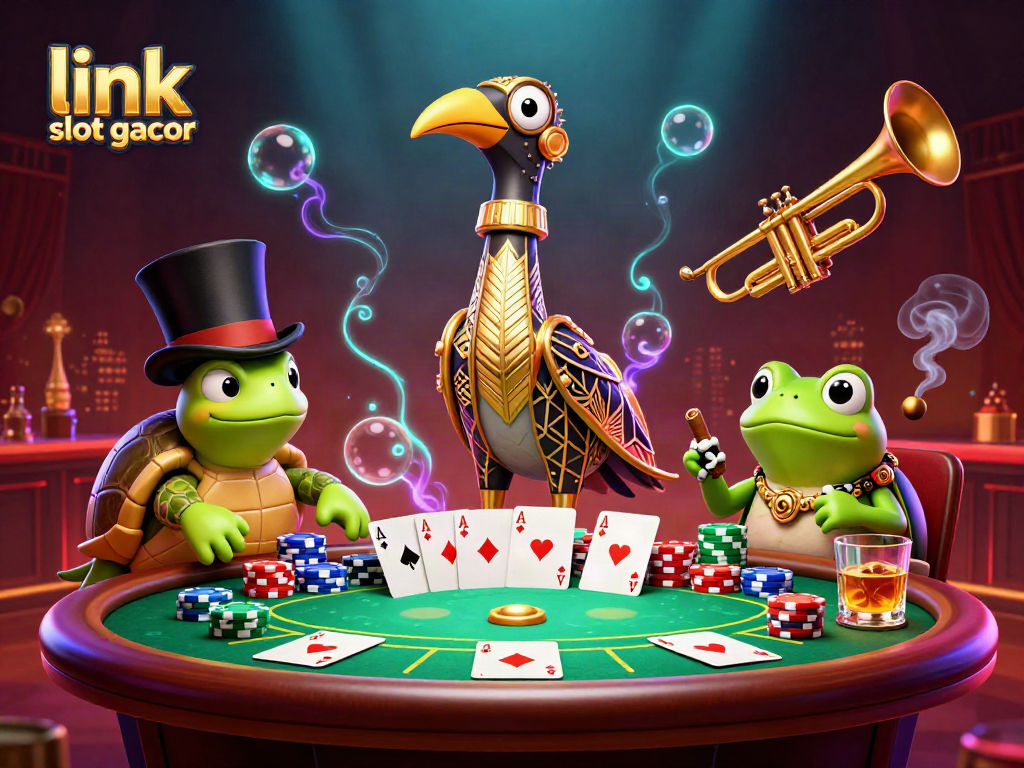 Engage with link slot gacor in a vibrant 3D casino scene featuring a cheerful crane, turtle, and frog.