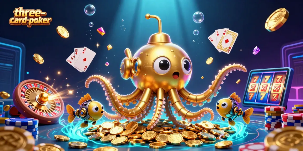 Experience excitement in three-card-poker with a golden kraken and dazzling casino elements.