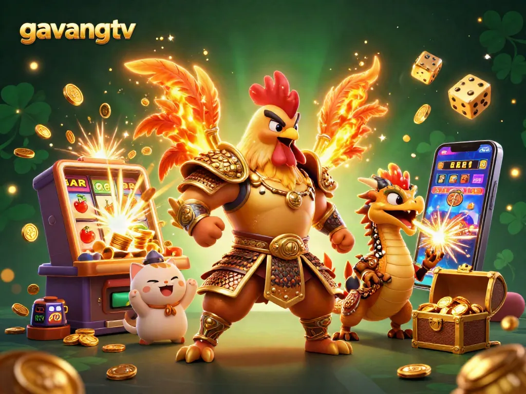 Engage with gavangtv's thrilling 3D illustration featuring a rooster warrior, dragon hatchling, and fortune cat with casino elements!