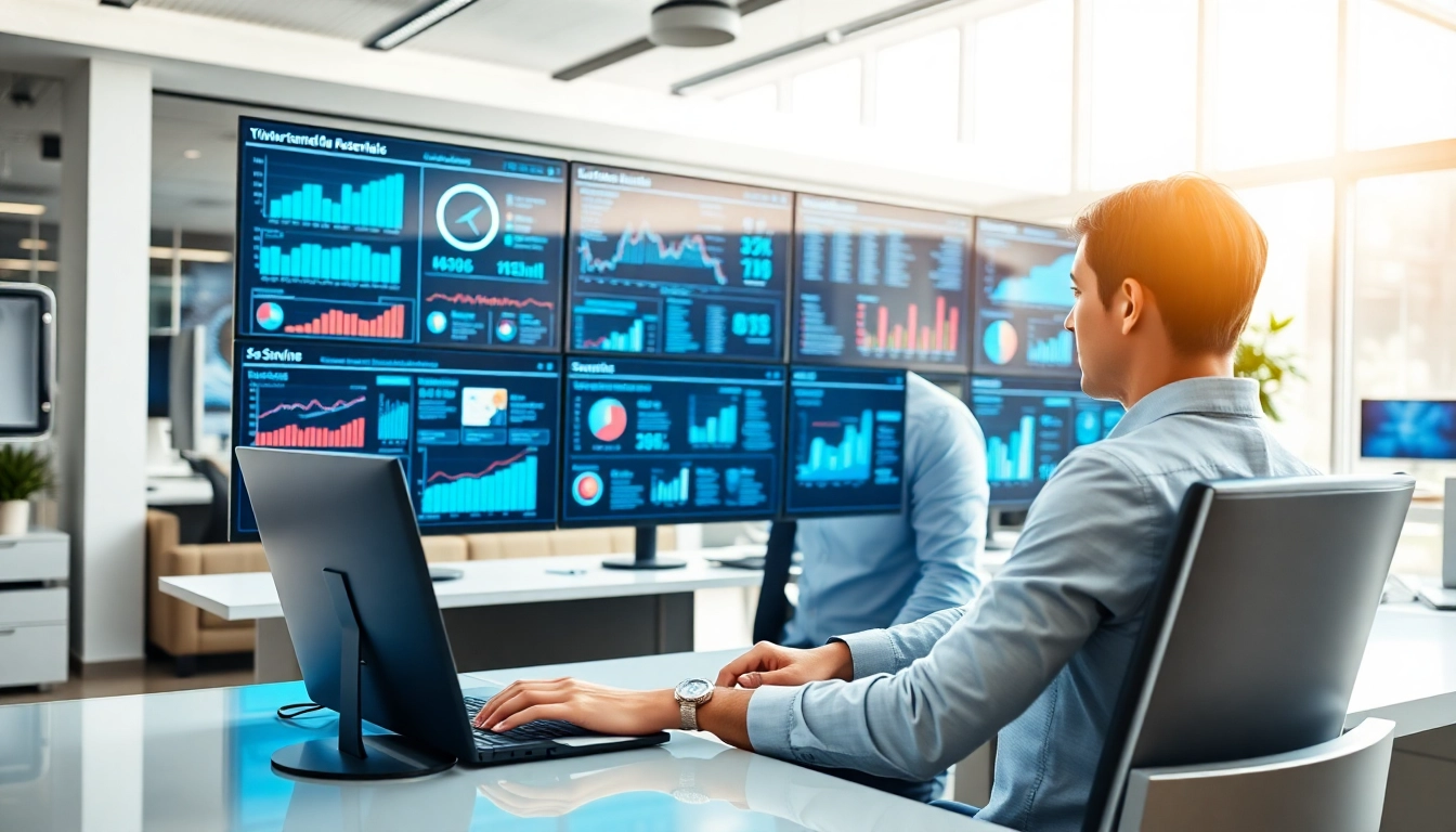 Cyber essentials assessor analyzing data on screens in a modern office.
