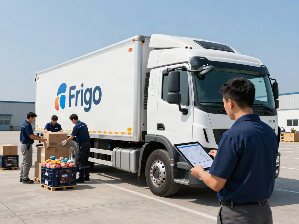 Frigo Transport Dortmund: Moderne Kühltransporter werden beladen, während ein Logistikmanager die Fracht überprüft.