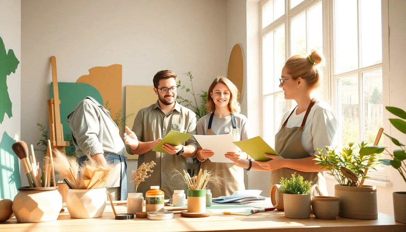 Eco-friendly painters working together showcasing sustainable practices in a bright, natural setting.