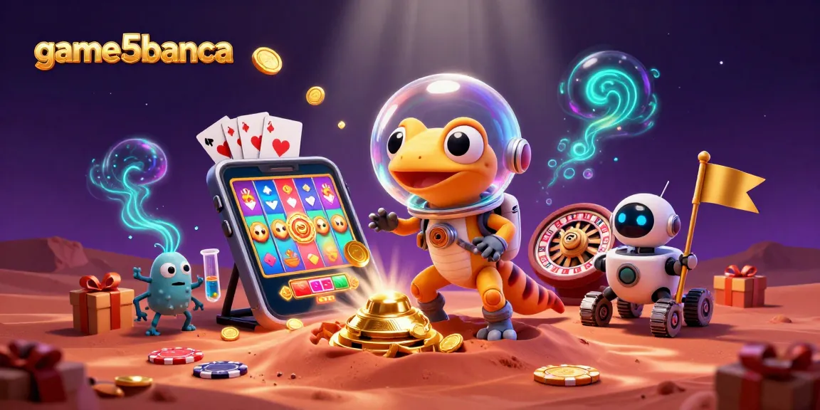 game5banca showcases a Martian gecko exploring a golden casino, surrounded by interactive slot and poker games.
