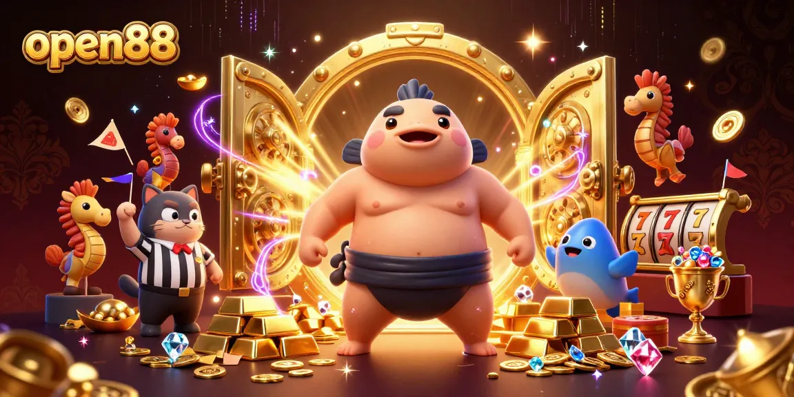 Open88 casino theme with animated characters and slot game elements in a vibrant underwater scene