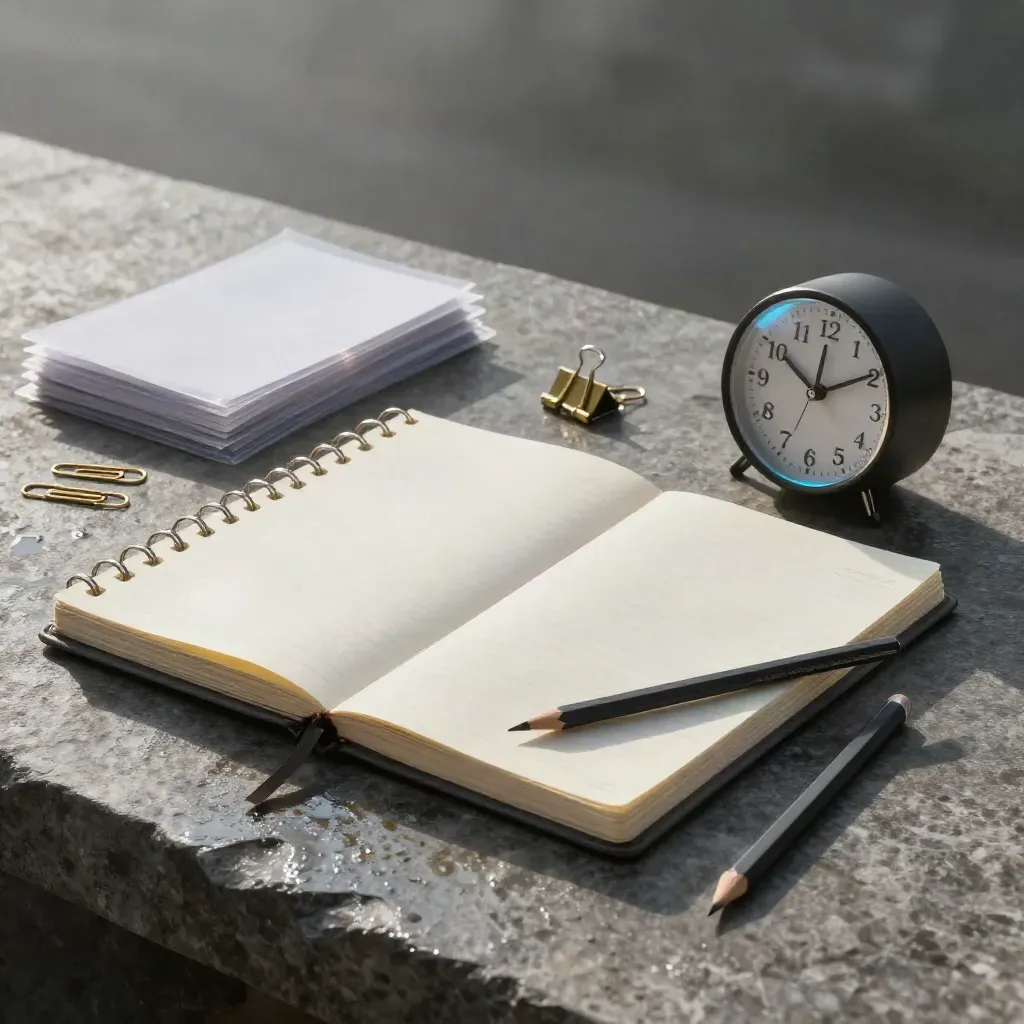 Dark hero still life of study planner, cards, timer and pencil on rain-damp stone.