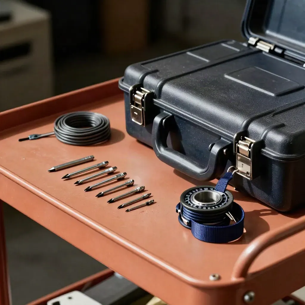 Precision screwdrivers, cable ties, hardware case and navy lanyard reel on a terracotta workbench.