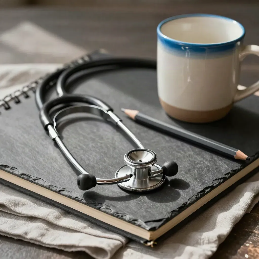 Worn stethoscope, closed lab notebook, mug and pencil on dark slate with dramatic shadows.