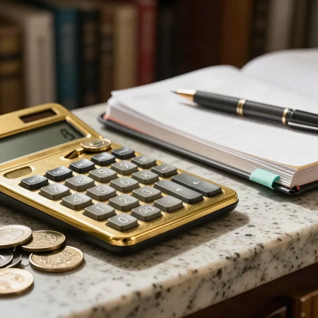 Brass calculator, coins, graphite pen and ledger on travertine in dramatic macro light.