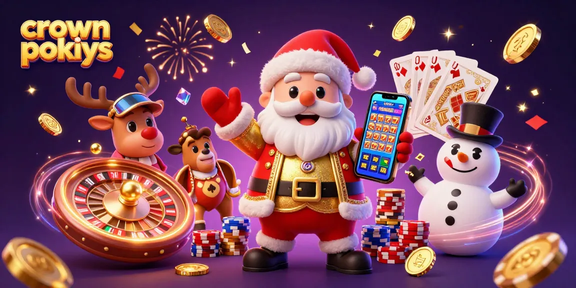 Experience thrilling crown pokies with Santa, gaming elements, and festive celebrations in a vibrant 3D scene.