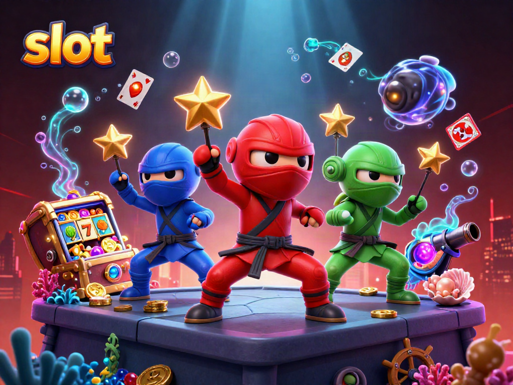 Slot yang meriah dengan ninja kadal beraksi di rooftop, dikelilingi simbol mesin slot dan harta laut.