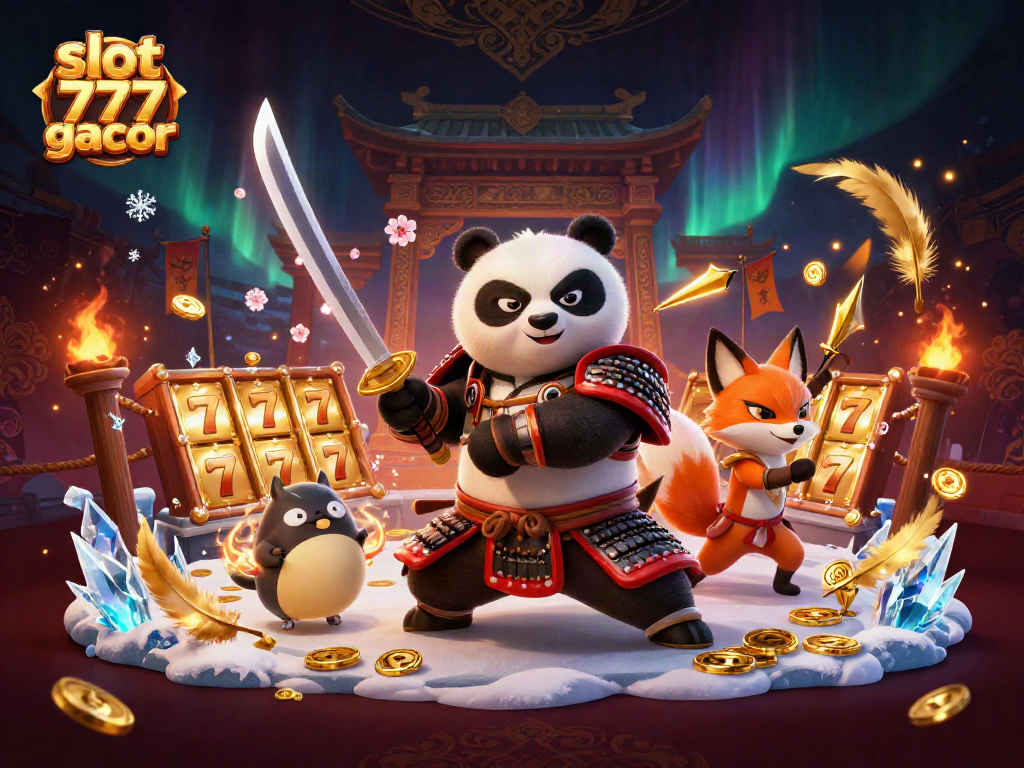 Play slot 777 gacor with exciting samurai and fox characters in a vibrant casino scene.