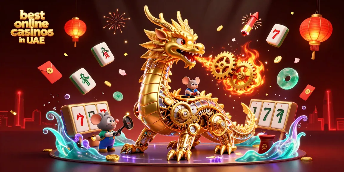 Experience thrilling gameplay at the best online casinos in UAE with a vibrant 3D illustration of a dragon and gaming elements.