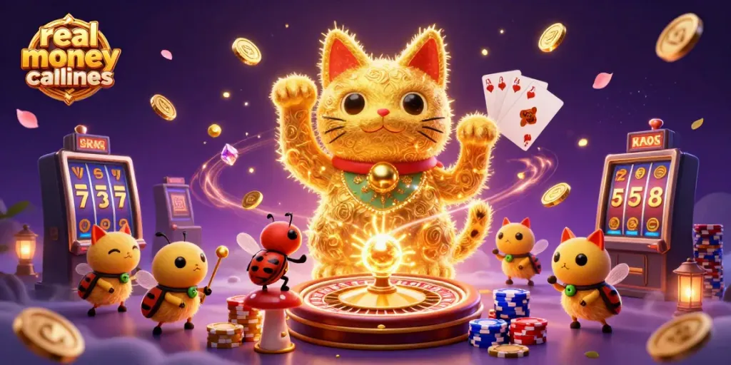 Experience the thrill of real money online casinos with a vibrant illustration of a lucky cat and casino symbols.