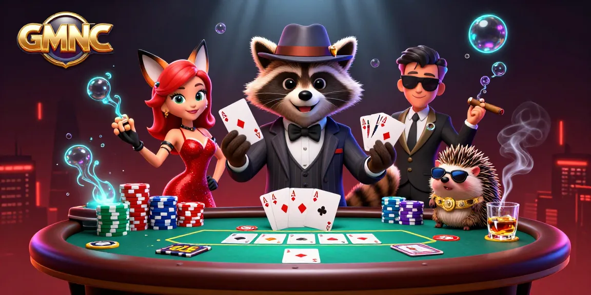 Engaging GMNC poker scene with a raccoon, fox, and hedgehog in a casino.