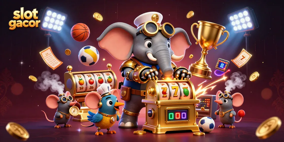 Spin and win with slot gacor, a 3D steampunk elephant operating a slot machine, surrounded by sports balls.