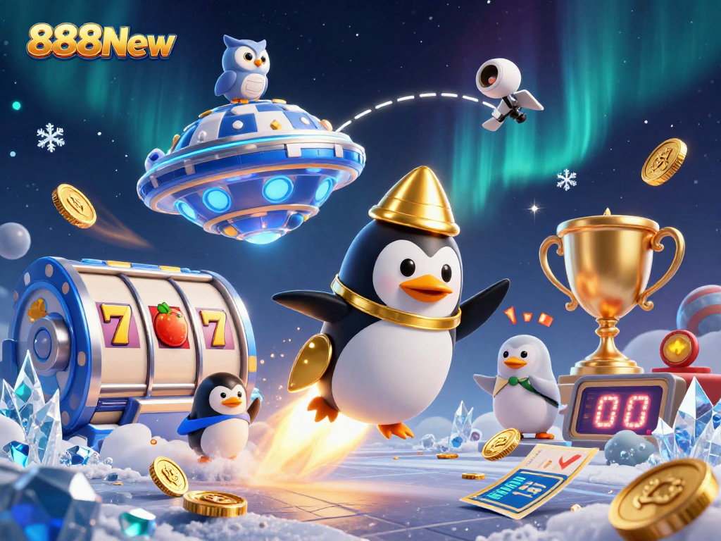 Win big with 888New, featuring a golden penguin in an exciting casino adventure filled with slot elements!