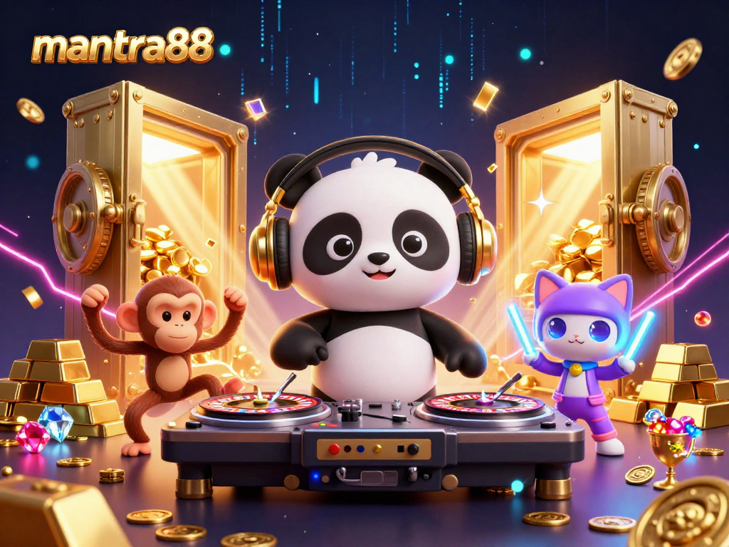 Experience the thrill of mantra88 with a lively 3D scene showcasing engaging characters and alluring casino elements.