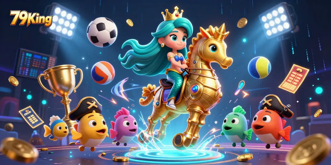 Experience the thrill of 79King with vibrant casino characters and dynamic game elements all in one illustrated scene.