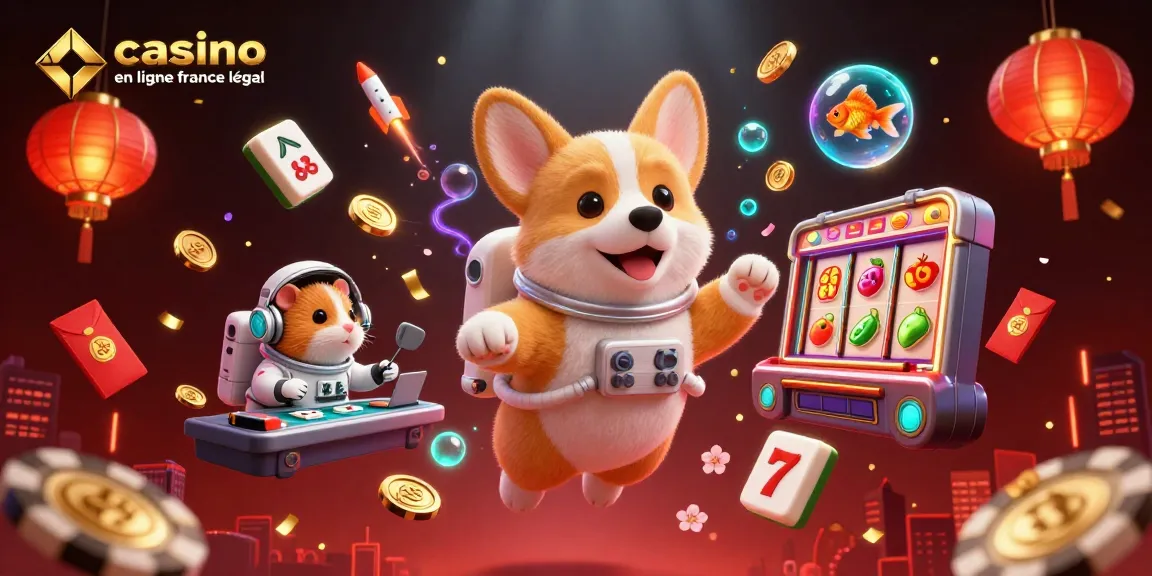 Illustration dynamique mettant en scène un corgi astronaute dans un casino spatial, illustrant le casino en ligne France légal avec des éléments de jeu flottants.
