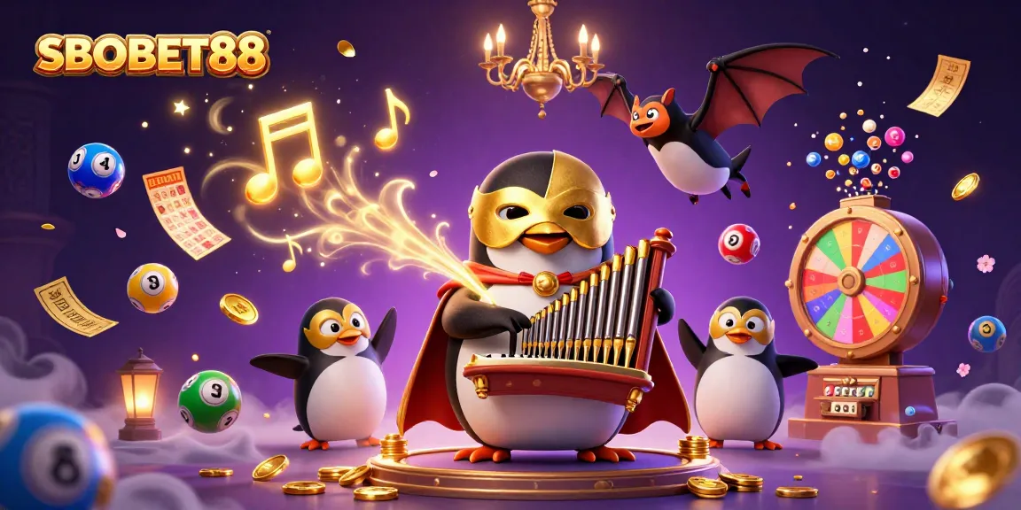 SBOBET88 menyajikan ilustrasi bermain dengan karakter penguin opera dan kekayaan permainan lotere yang meriah.