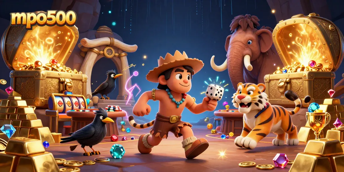 Experience the excitement of mpo500 with a vibrant prehistoric casino illustration featuring exciting game elements.
