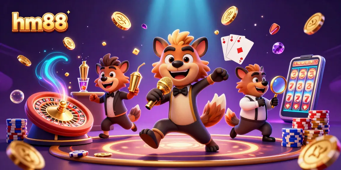Spin and win at hm88, featuring a lively casino atmosphere with hyenas and golden elements.