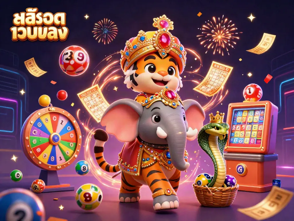 Explore สล็อตเว็บตรง with an engaging scene featuring a maharaja tiger, vibrant games, and celebratory elements.